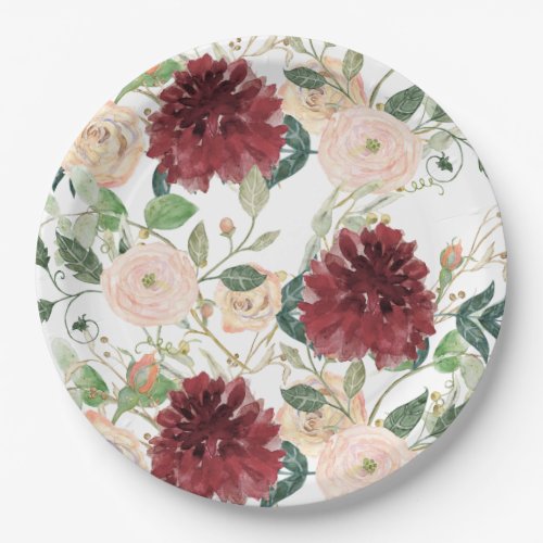 Fall Autumn Burgundy Chrysanthemum Blush Pink Rose Paper Plates