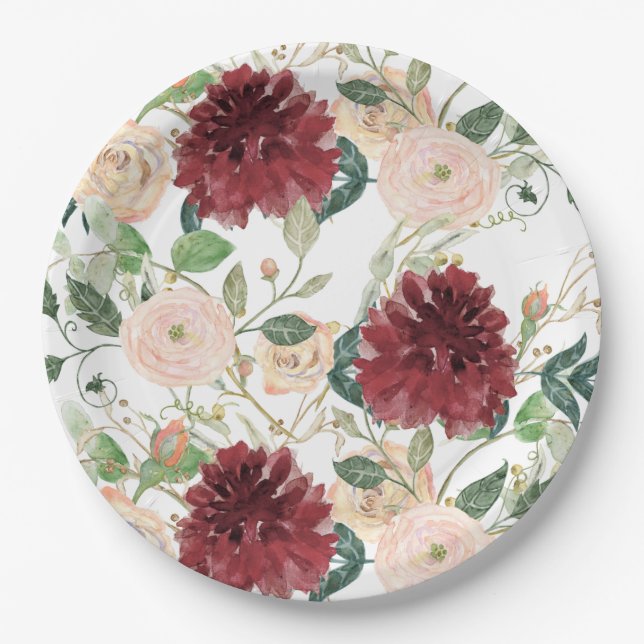 Fall Autumn Burgundy Chrysanthemum Blush Pink Rose Paper Plates (Front)