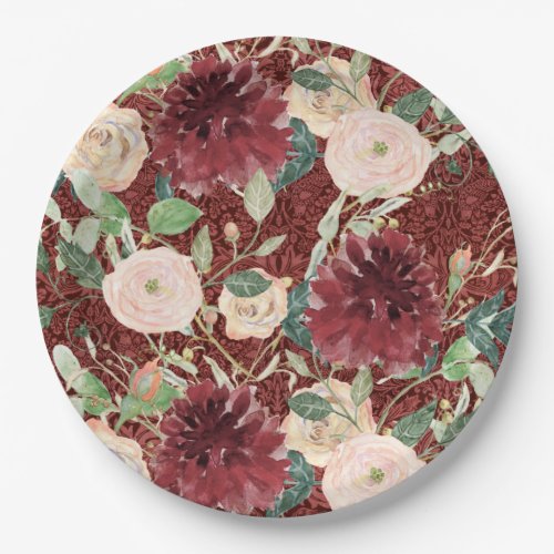 Fall Autumn Burgundy Chrysanthemum Blush Pink Rose Paper Plates