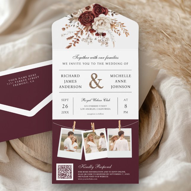 Fall Autumn Burgundy Floral Photo QR Code Wedding All In One Invitation (Creator Uploaded)
