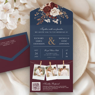 Fall Autumn Burgundy Floral QR Code Navy Wedding All In One Invitation