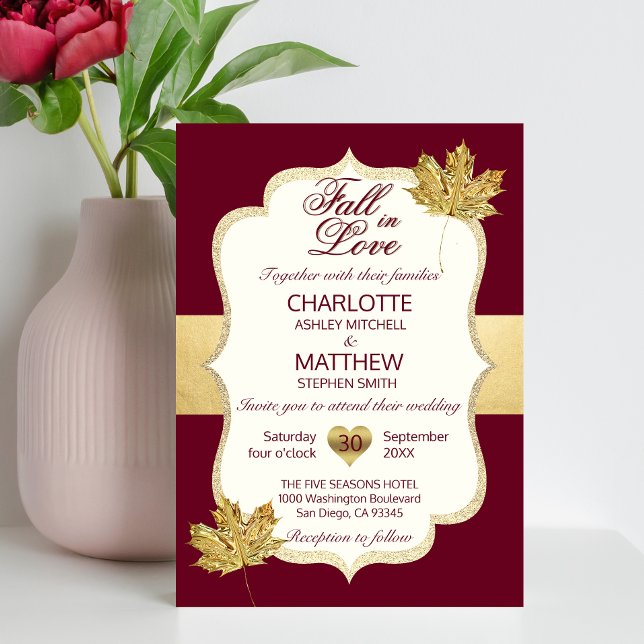 Fall Autumn Burgundy Gold FALL IN LOVE Wedding Invitation (Creator Uploaded)