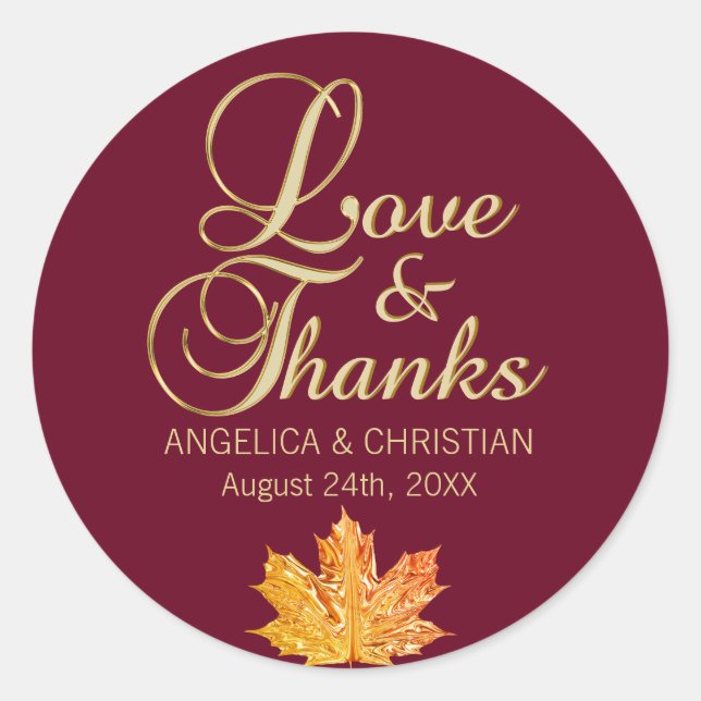 Fall Autumn Burgundy Gold LOVE & THANKS Wedding Classic Round Sticker (Front)