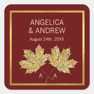 Fall Autumn Burgundy Gold Maple Leaf Wedding Square Sticker