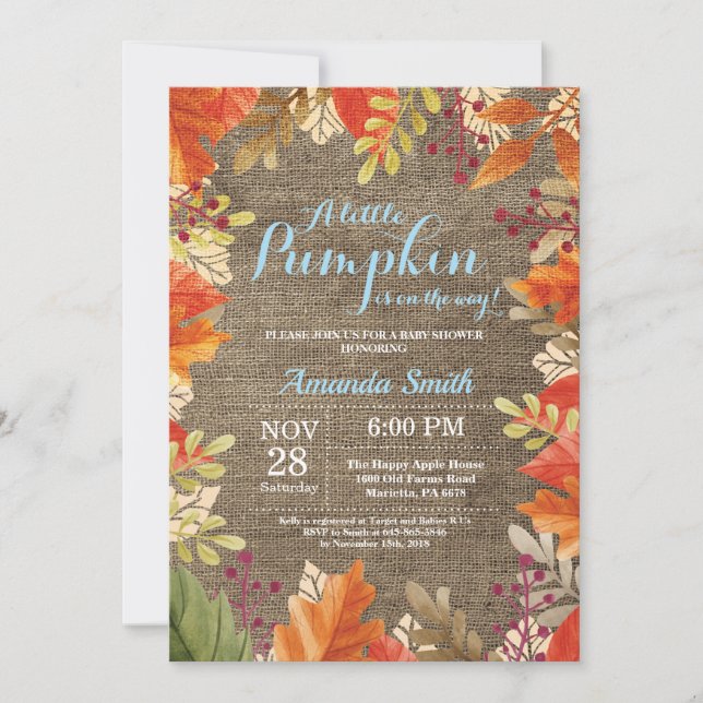 Fall Autumn Burlap Boy Baby Shower Invitation (Front)