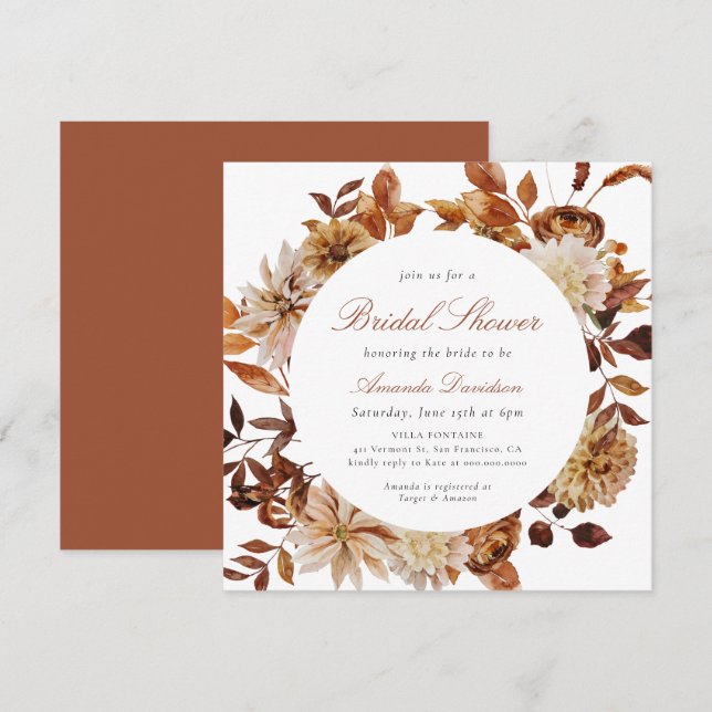 Fall Autumn Burnt Orange Floral Boho Bridal Shower Invitation (Front/Back)