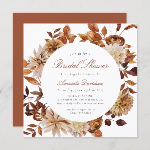 Fall Autumn Burnt Orange Floral Boho Bridal Shower Invitation