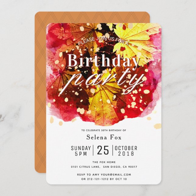 Fall / Autumn Color Leaves Birthday Invitation (Front/Back)
