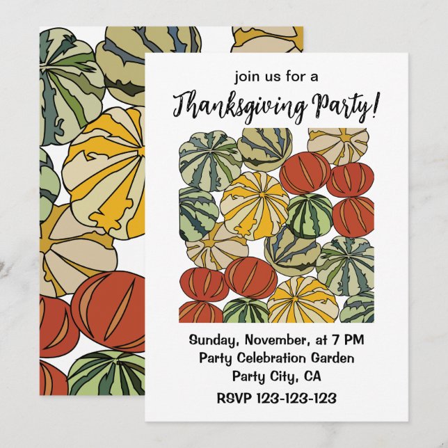 Fall Autumn Colorful Pumpkin Thanksgiving Party Invitation (Front/Back)