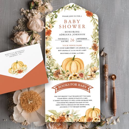 Fall Autumn Earthy Floral Pumpkin Baby Shower All In One Invitation