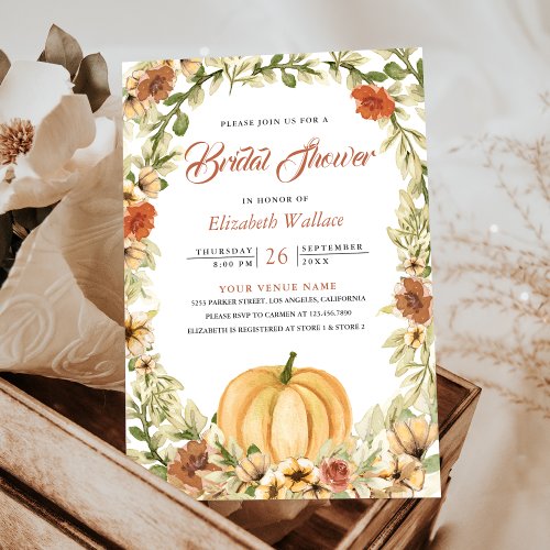 Fall Autumn Earthy Floral Pumpkin Bridal Shower Invitation