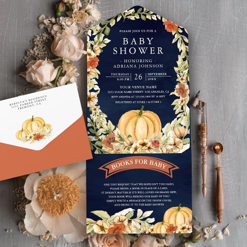 Fall Autumn Earthy Floral Pumpkin Navy Baby Shower All In One Invitation