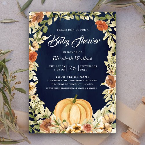 Fall Autumn Earthy Floral Pumpkin Navy Baby Shower Invitation