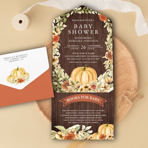 Fall Autumn Earthy Floral Wood Pumpkin Baby Shower All In One Invitation