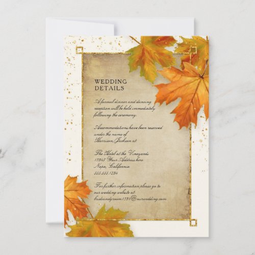 Fall Autumn Falling Leaf Elegant Wedding Details Invitation