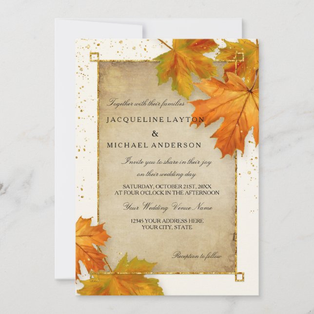 Fall Autumn Falling Leaf Leaves Elegant Wedding Invitation (Front)