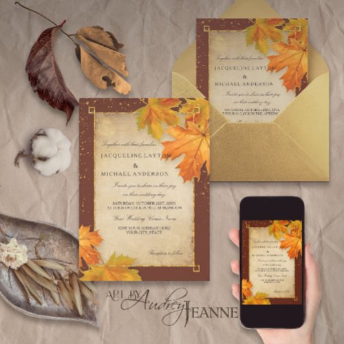 Fall Autumn Falling Leaf Leaves Elegant Wedding Invitation