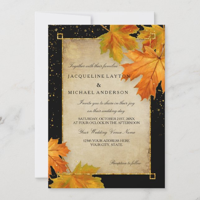 Fall Autumn Falling Leaf Leaves Elegant Wedding Invitation (Front)