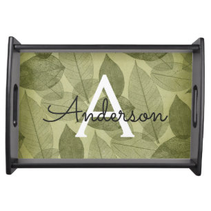 Fall - Autumn Family Monogram Green Leaves Serving Tray