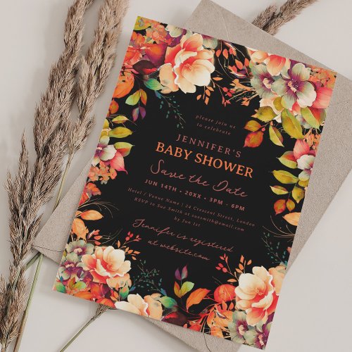 Fall Autumn Floral Baby Shower Save Date Black Invitation