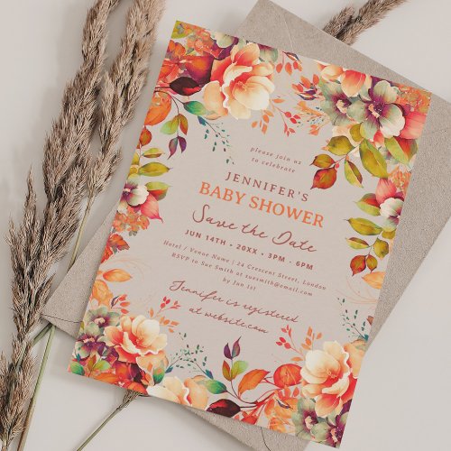 Fall Autumn Floral Baby Shower Save Date Champagne Invitation