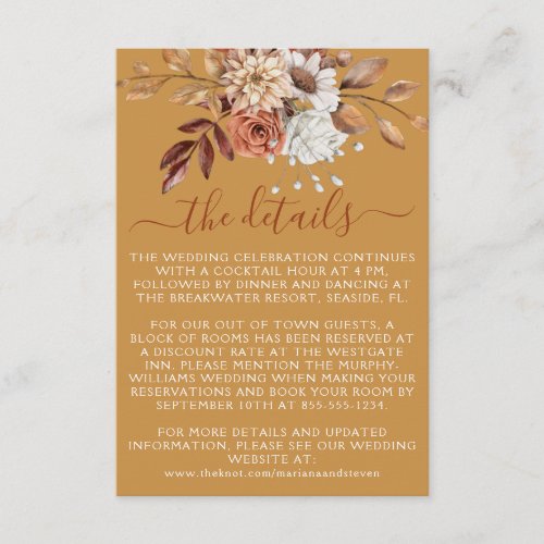 Fall Autumn Floral Bouquet on Gold Wedding Enclosure Card