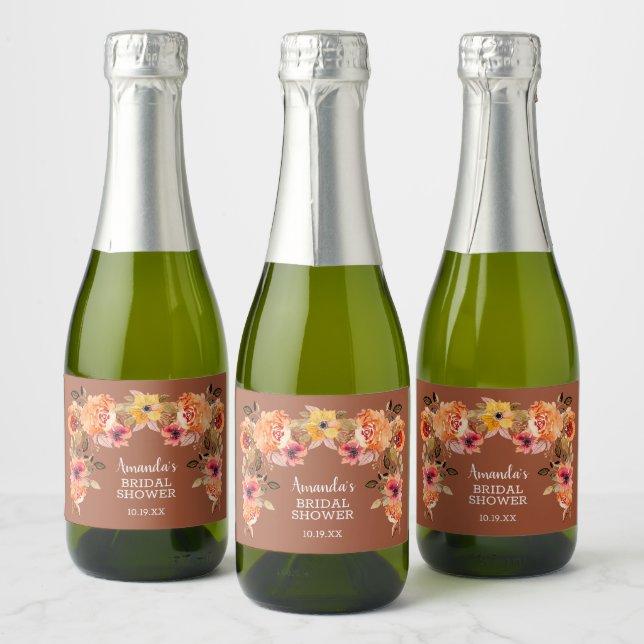 Fall Autumn Floral Bridal Shower Mini Sparkling Wine Label (Bottles)