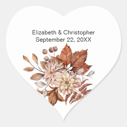 Fall Autumn Floral Elegant Watercolor Wedding  Heart Sticker