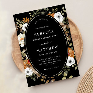 Fall Autumn Floral Monogram Moody Black Wedding Invitation