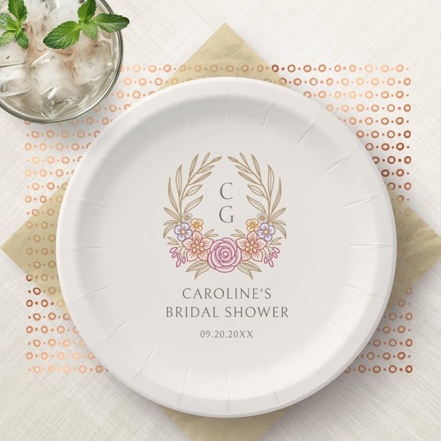 Fall Autumn Floral Monogram Wreath Bridal Shower Paper Plates (Creator Uploaded)