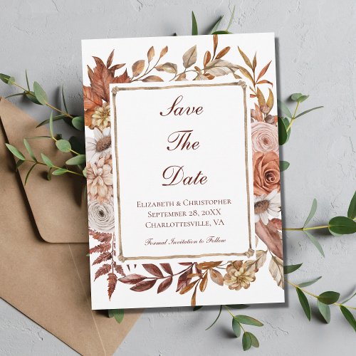 Fall Autumn Floral Peach Brown Rust Wedding  Save The Date