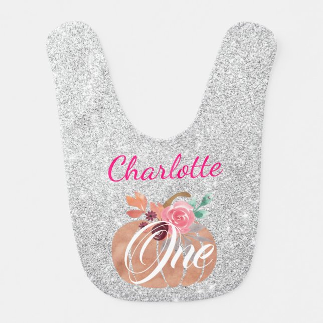 Fall Autumn Floral Pumpkin 1st Birthday One Silver Baby Bib (Front)