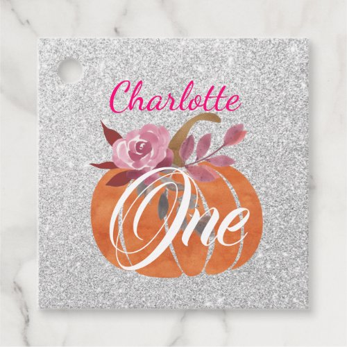 Fall Autumn Floral Pumpkin 1st Birthday One Silver Favor Tags