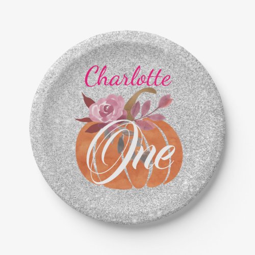 Fall Autumn Floral Pumpkin 1st Birthday One Silver Paper Plates