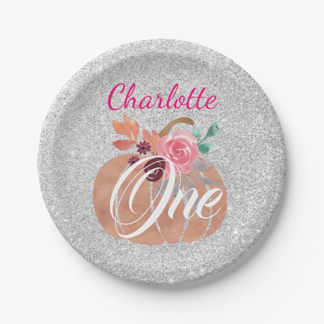 Fall Autumn Floral Pumpkin 1st Birthday One Silver Paper Plates (Front)