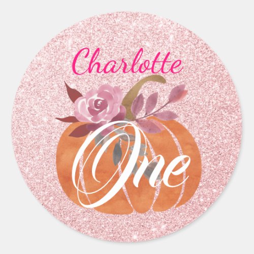 Fall Autumn Floral Pumpkin 1st Birthday Rose Gold Classic Round Sticker