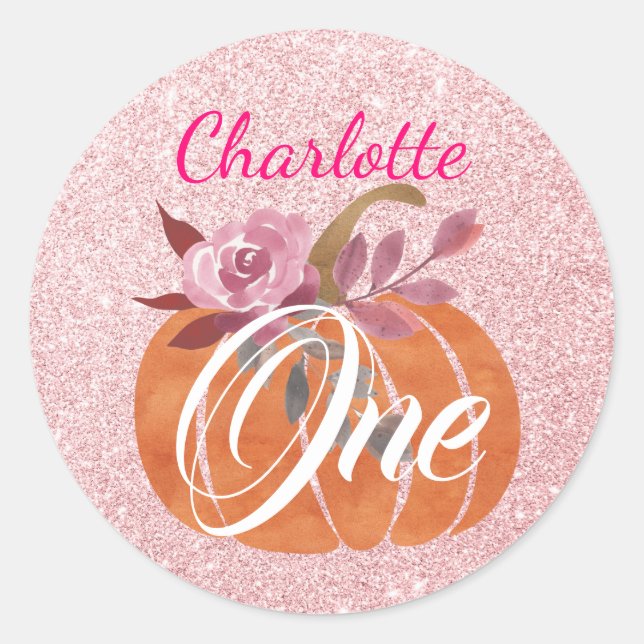 Fall Autumn Floral Pumpkin 1st Birthday Rose Gold Classic Round Sticker (Front)