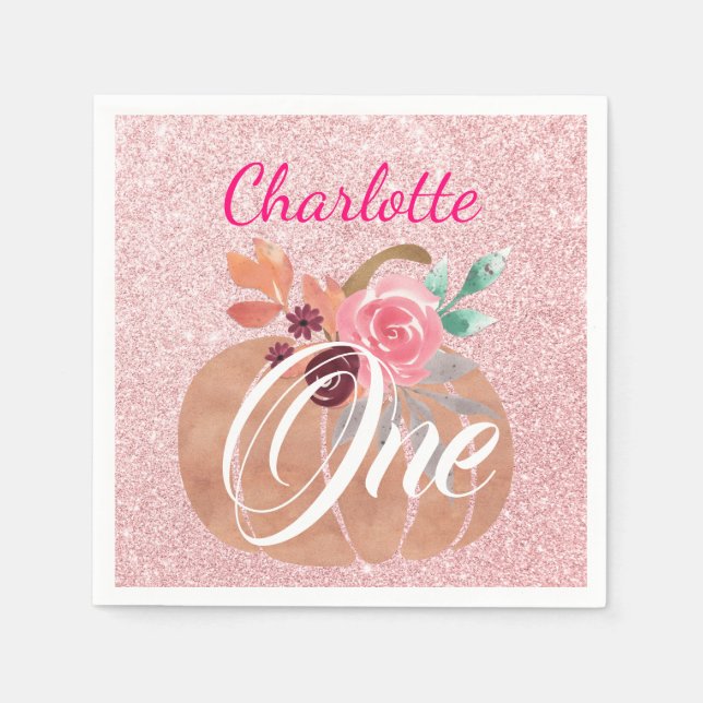 Fall Autumn Floral Pumpkin 1st Birthday Rose Gold Napkins (Front)