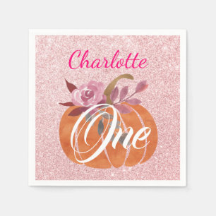 Fall Autumn Floral Pumpkin 1st Birthday Rose Gold Napkins