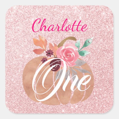 Fall Autumn Floral Pumpkin 1st Birthday Rose Gold Square Sticker