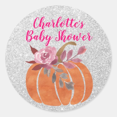 Fall Autumn Floral Pumpkin Baby Shower Pink Silver Classic Round Sticker