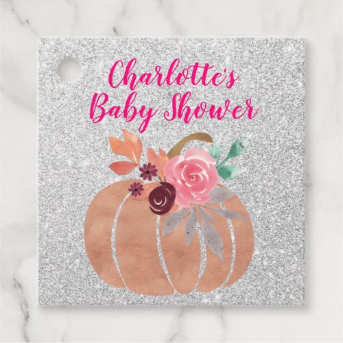 Fall Autumn Floral Pumpkin Baby Shower Pink Silver Favor Tags