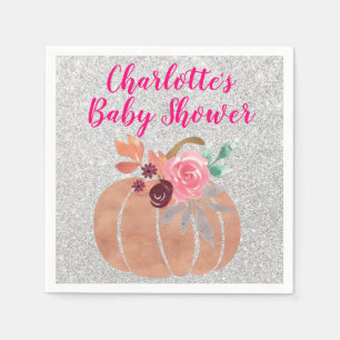 Fall Autumn Floral Pumpkin Baby Shower Pink Silver Napkins