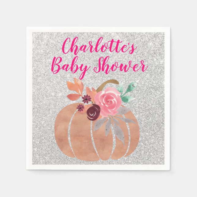 Fall Autumn Floral Pumpkin Baby Shower Pink Silver Napkins (Front)