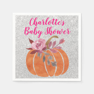 Fall Autumn Floral Pumpkin Baby Shower Pink Silver Napkins
