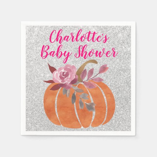 Fall Autumn Floral Pumpkin Baby Shower Pink Silver Napkins