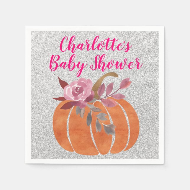 Fall Autumn Floral Pumpkin Baby Shower Pink Silver Napkins (Front)