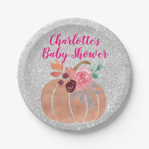 Fall Autumn Floral Pumpkin Baby Shower Pink Silver Paper Plates