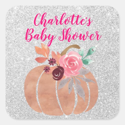 Fall Autumn Floral Pumpkin Baby Shower Pink Silver Square Sticker