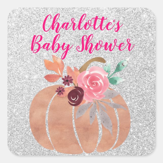 Fall Autumn Floral Pumpkin Baby Shower Pink Silver Square Sticker (Front)